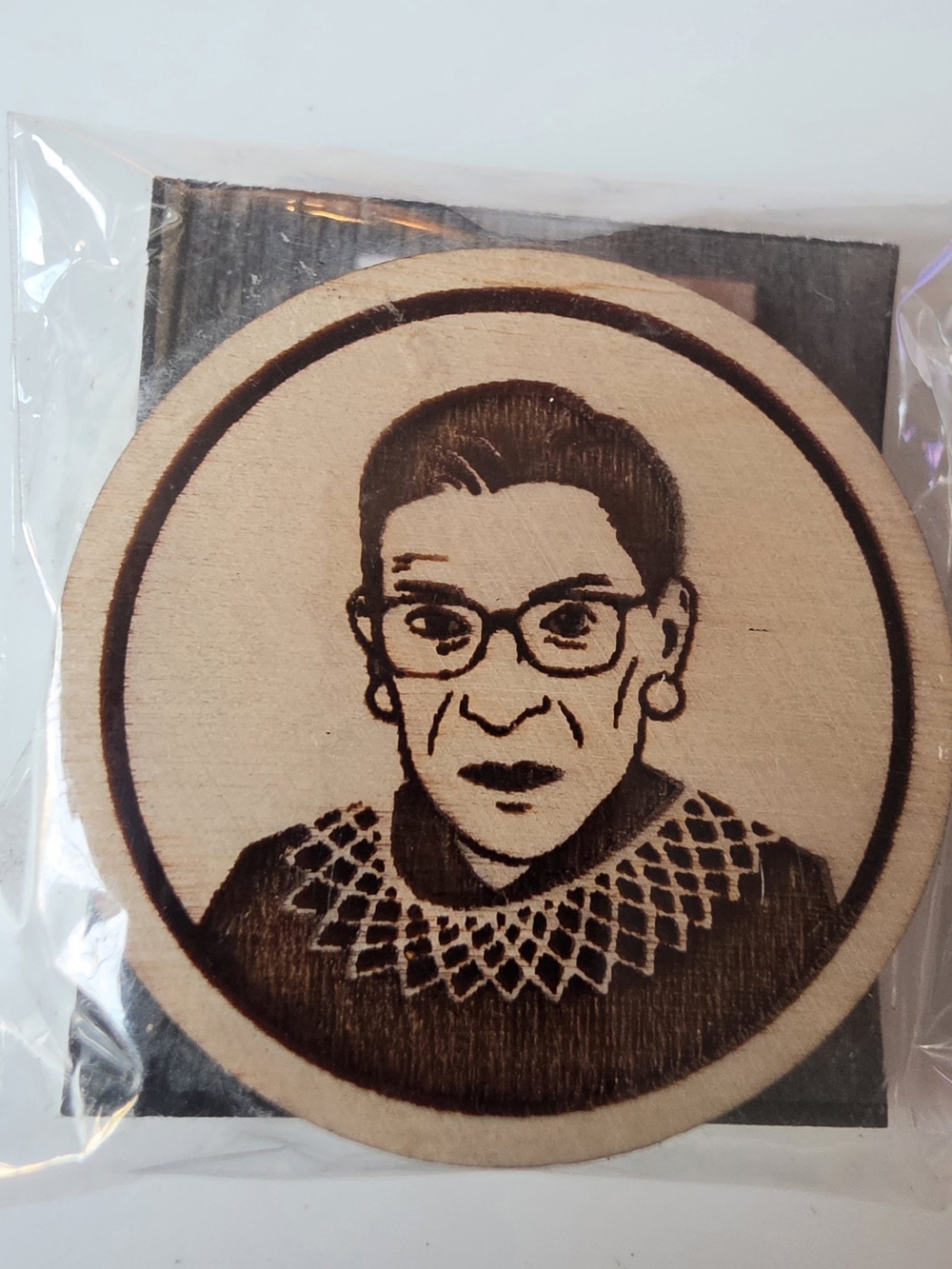 Wood Burned Round Portrait Magnet - Neutral Wood Tone